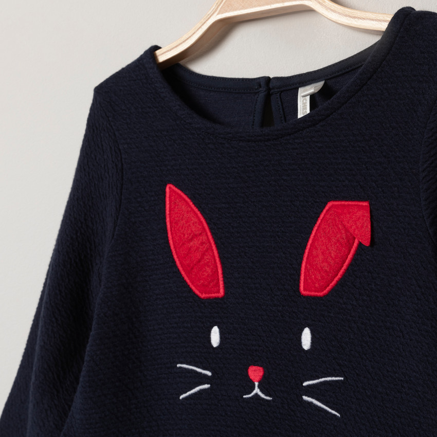 Robe effet 2 en 1 manches longues broderie lapin 