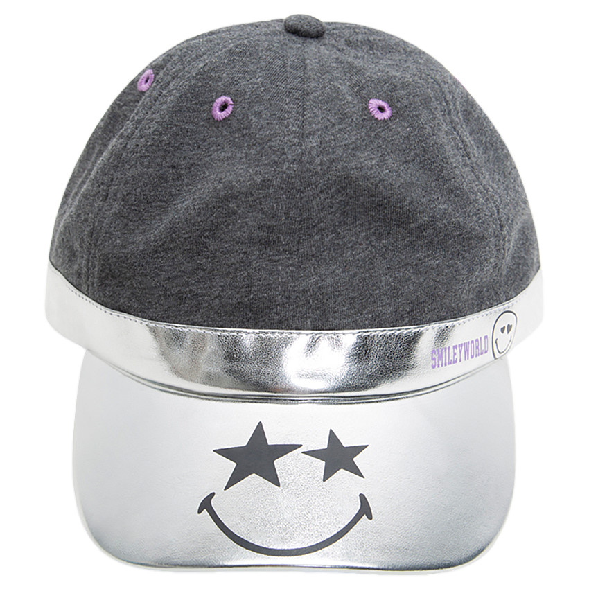 Casquette bi-matière avec visière argentée et print Smiley 
