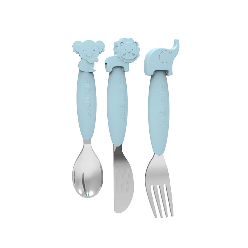 Lot de 3 couverts animaux en silicone bleu 