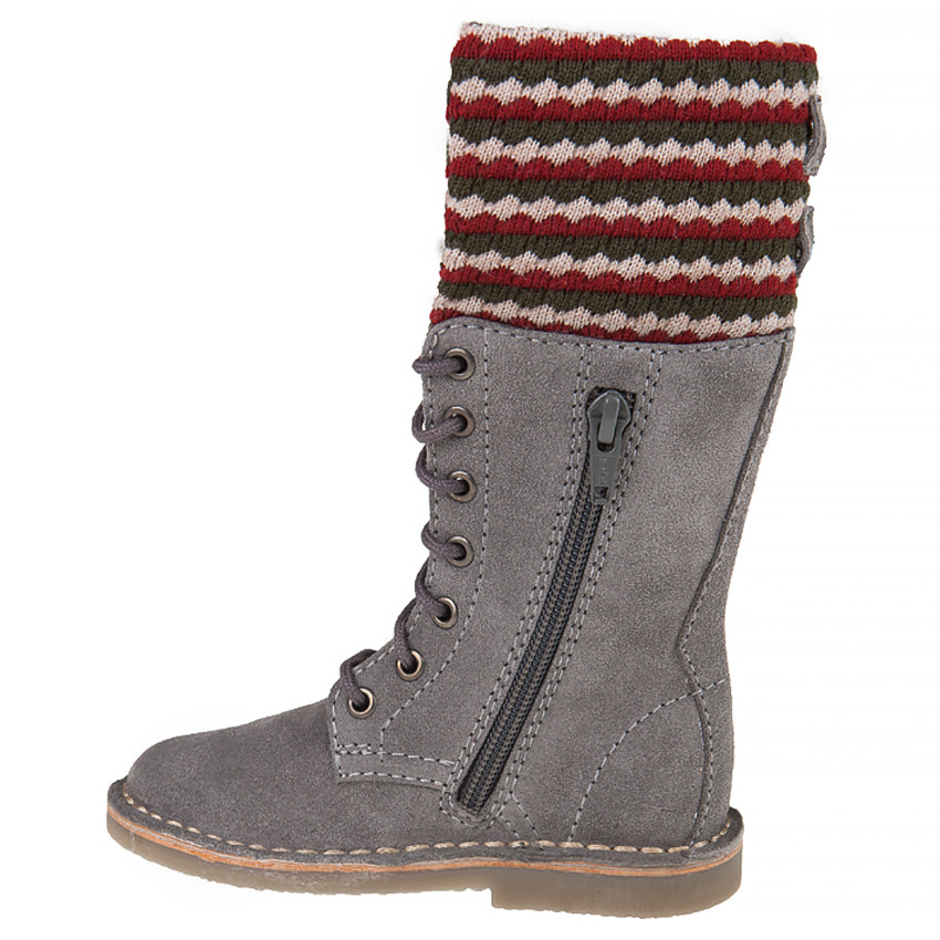 Bottes grises en cuir avec lacets et col tricot 