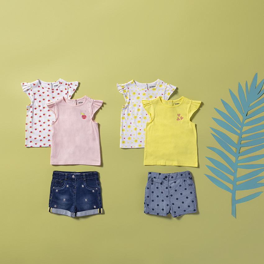 Lot de 2 t-shirts en coton bio uni/imprimé all-over à manches volantées 