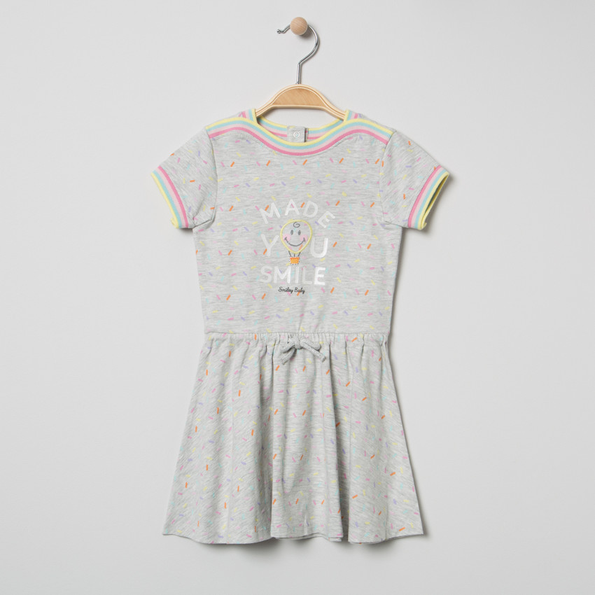 Robe manches courtes en maille imprimée all-over et Smiley Baby brodé 
