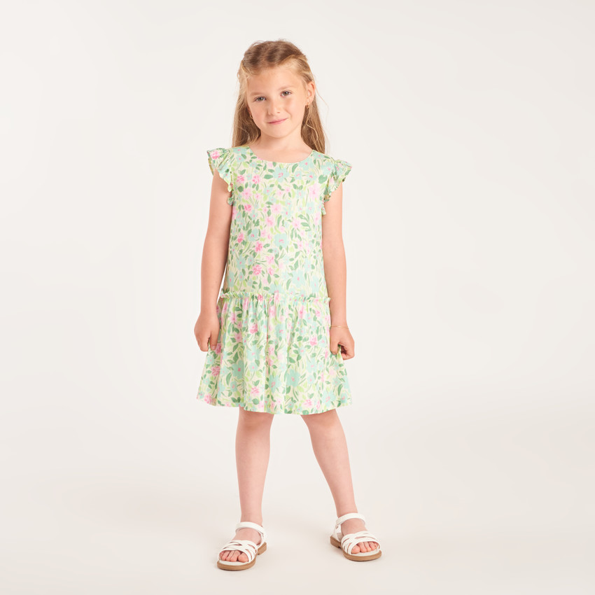 Robe manches courtes imprimé fleurie avec ouverture dans le dos pour fille 