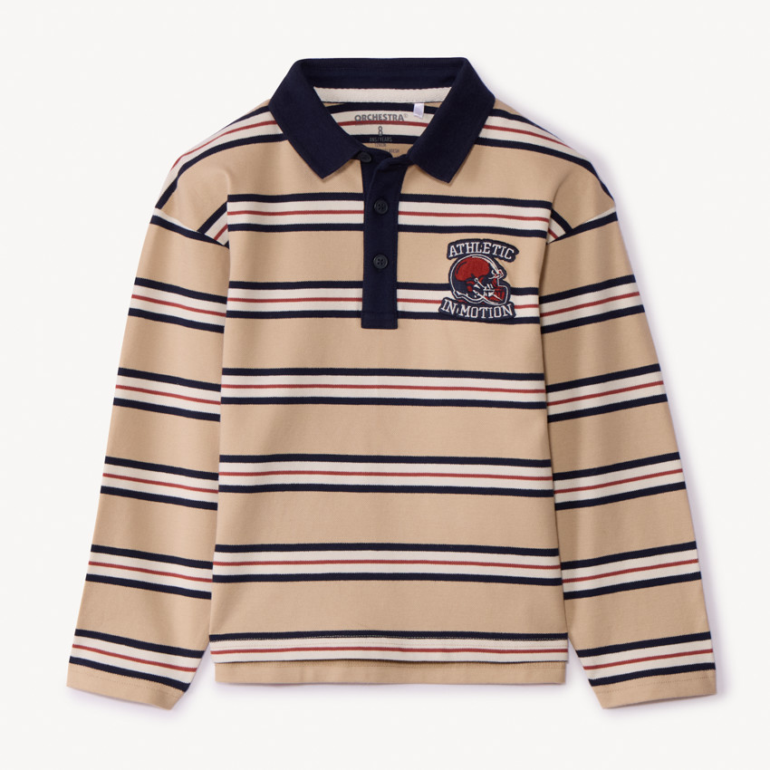 Polo manches longues rayés à rayures et badge fantaisie pour garçon