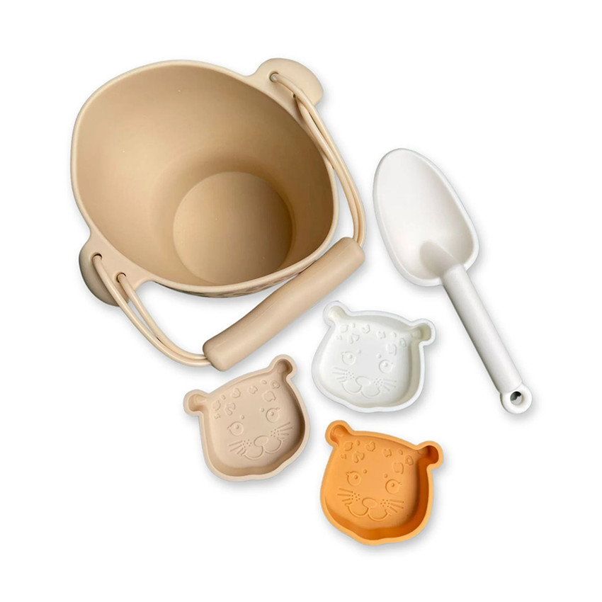 Seau de plage avec pelle et 3 moules en silicone Panthère sable 