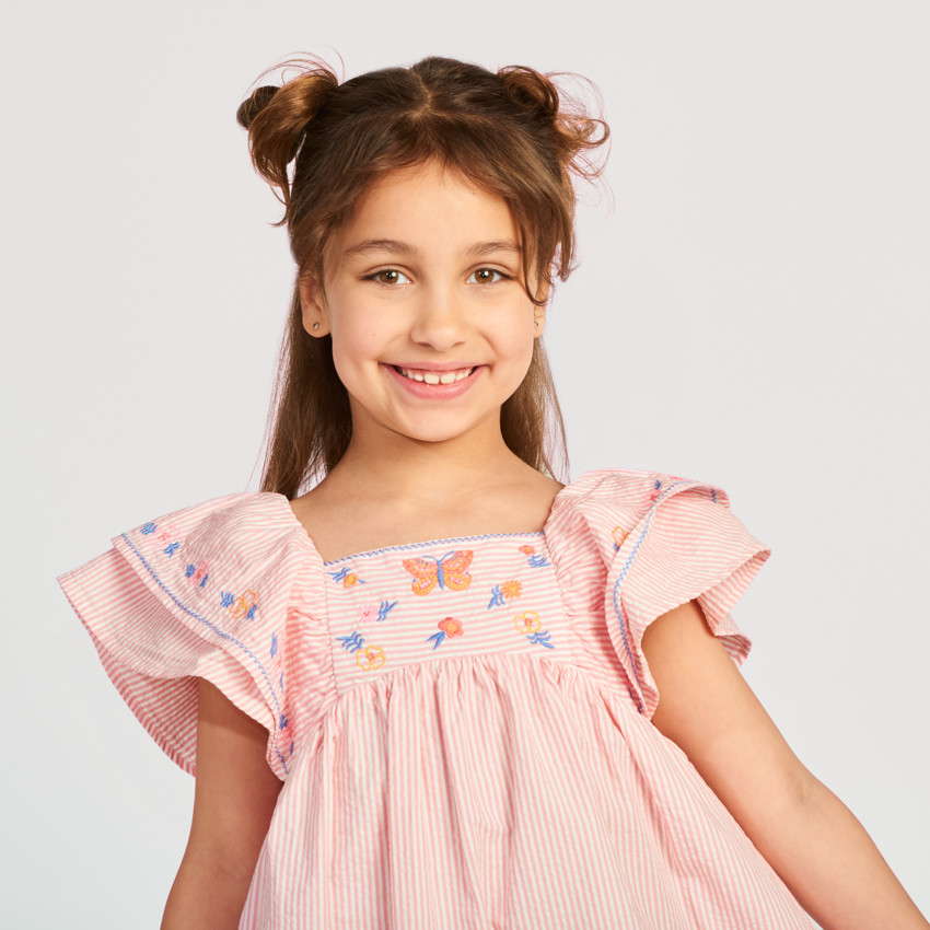 Robe manches courtes rayée et brodée pour fille 