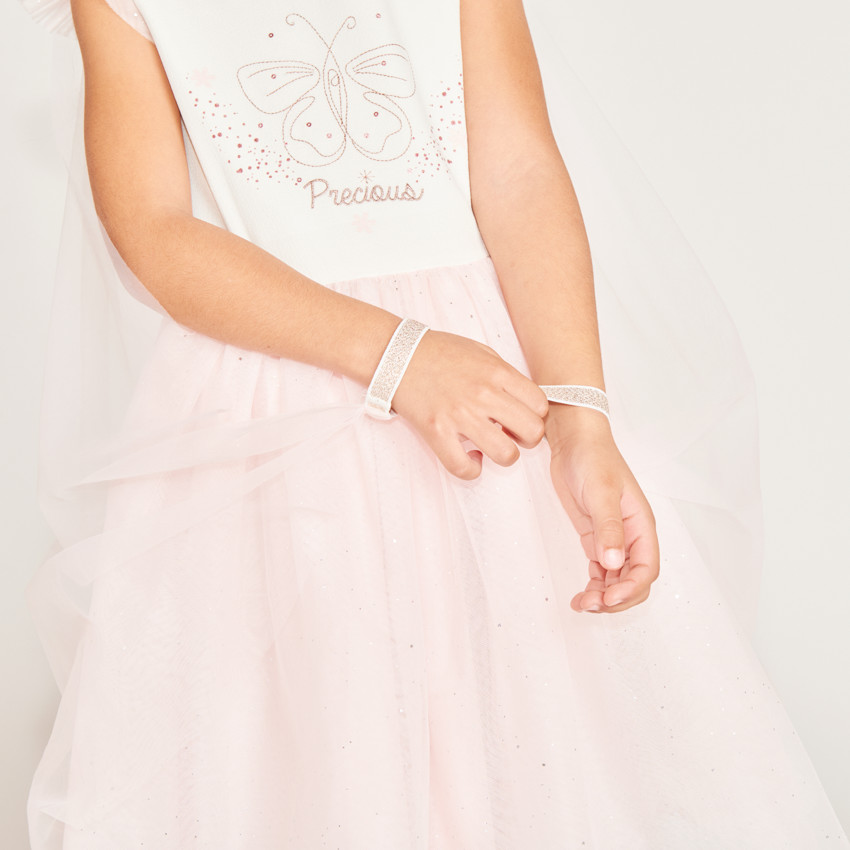 Robe bi-matière avec sa cape en tulle et sa couronne pour fille 