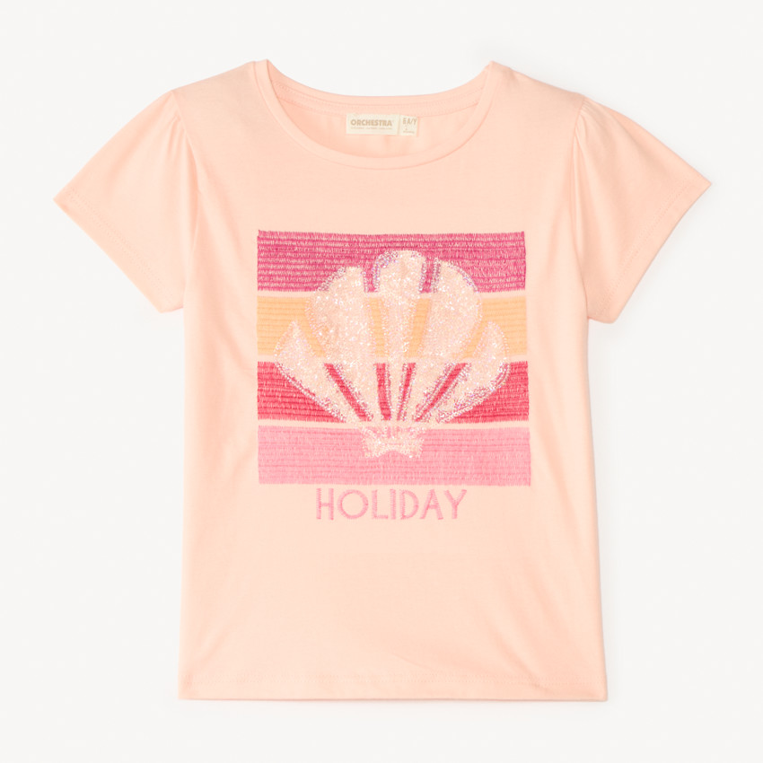 T-shirt manches courtes broderie à sequins coquillage pour fille