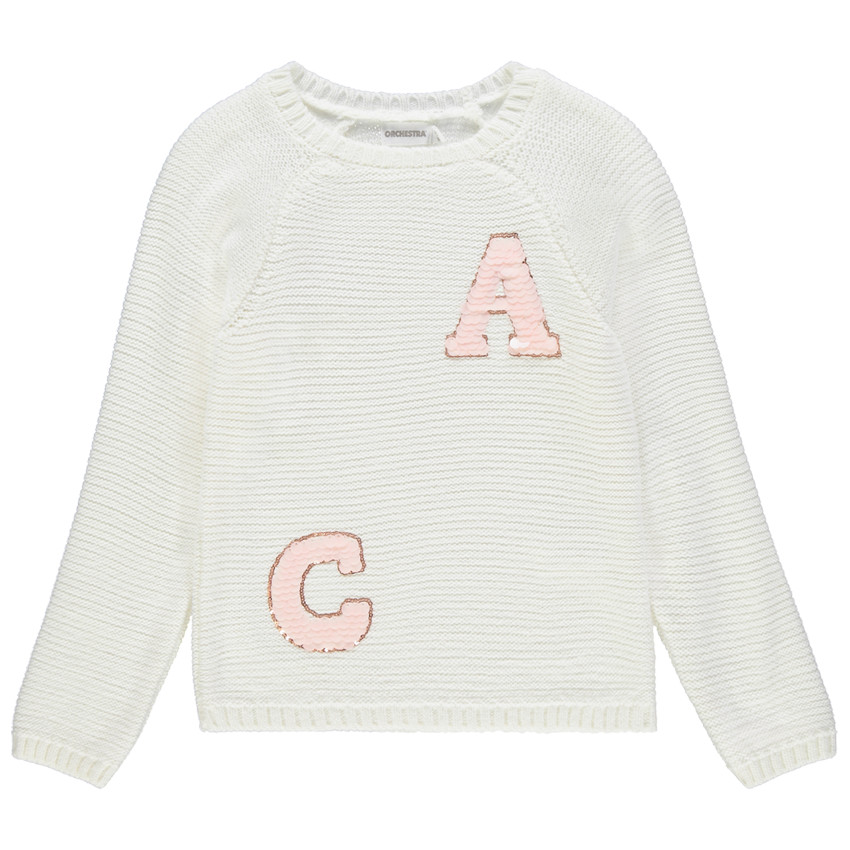 Pull en tricot blanc pour fille avec lettres en sequins  