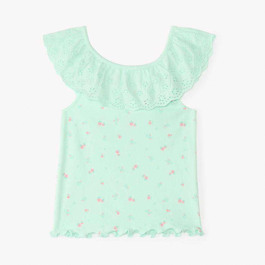 Débardeur col volanté en broderie anglaise et imprimé fraise pour bébé fille