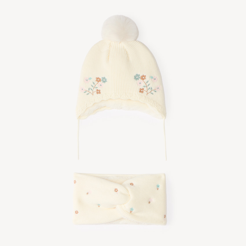 Bonnet et snood bébé fille brodés de fleurs doublés en sherpa 