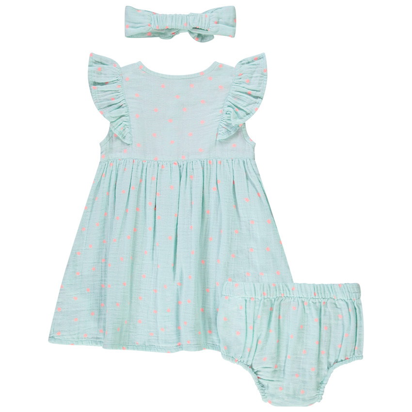Ensemble 3 pièces robe + bloomer + bandeau à pois pour bébé fille 