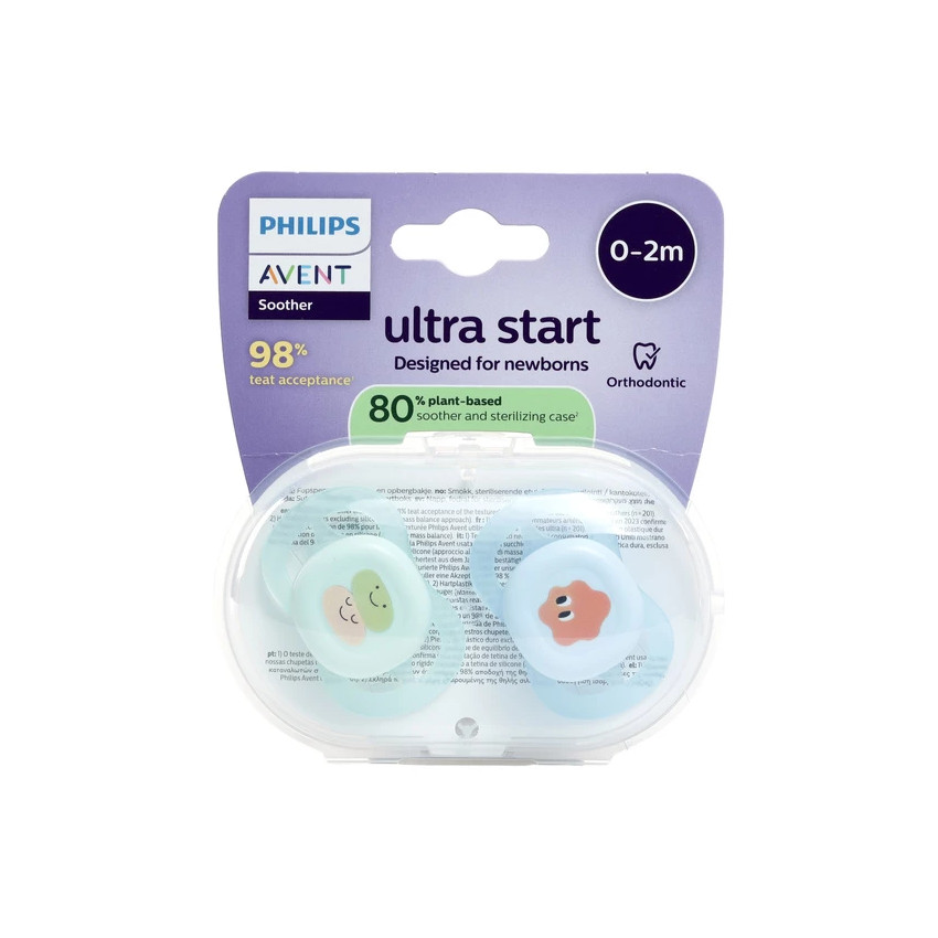 Lot de 2 sucettes silicone 0-2M Ultra Start décorées 