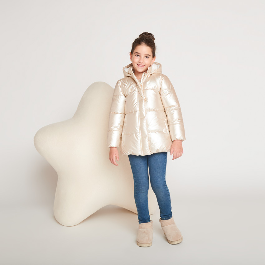 Doudoune à capuche en toile irisée doublée sherpa pour fille