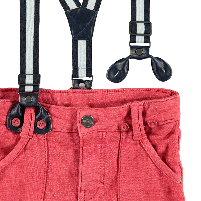 Pantalon en toile rouge effet used avec bretelles amovibles élastiquées 