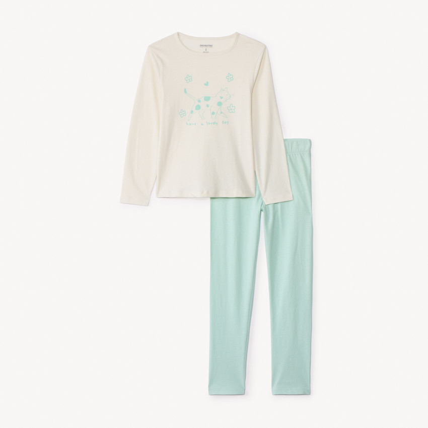 Set pyjama long en jersey print chat pour fille