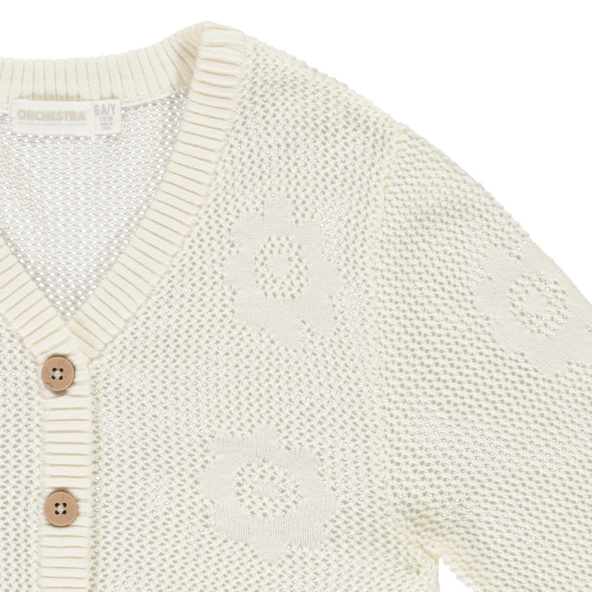 Gilet uni en tricot ajouré et fleurs plates pour fille 