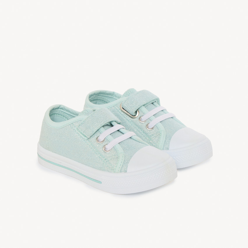 Baskets basses bleu clair pailletées à scratch et lacets pour fille