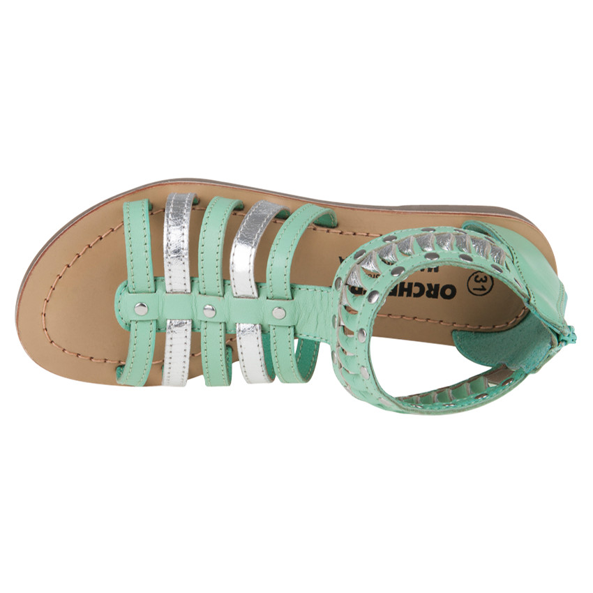 Nu-pieds en cuir style spartiates menthe et argent du 28 au 35 