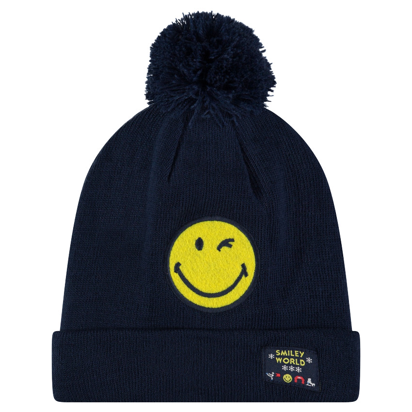Bonnet en tricot côtelé avec badge SmileyWorld patché et pompon 