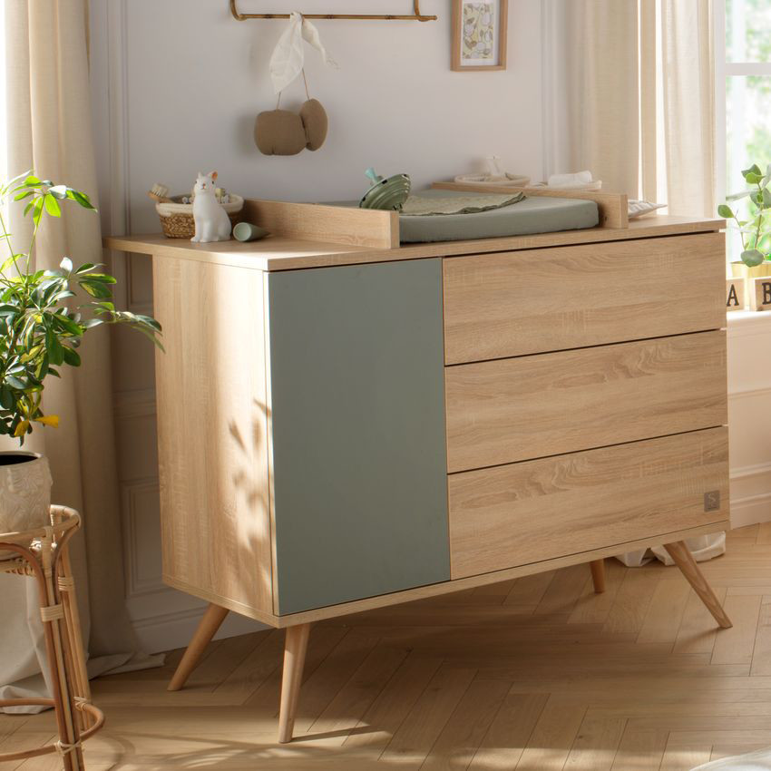 Commode à 3 tiroirs et 1 porte Seventies aspect chêne doré/sauge 