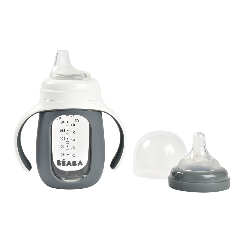 Biberon d'apprentissage en verre 2 en 1 210 ml - Gris minéral 