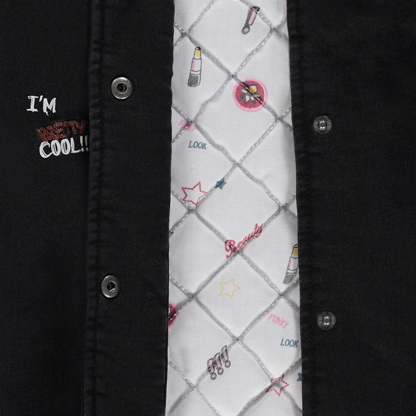Junior - Manteau long ouatiné en jeans coton avec badges fantaisie 