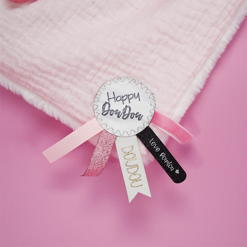 Doudou plat lapin Happy Blush rose avec pompon 25 cm  