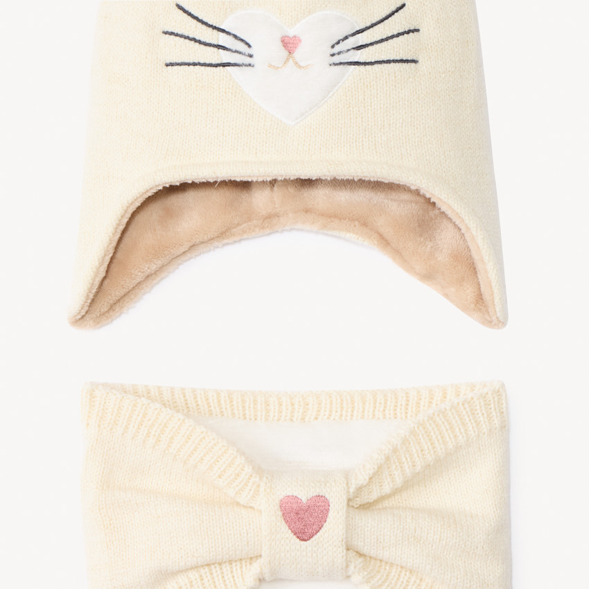 Set en tricot bonnet ludique chat + snood pour bébé fille 