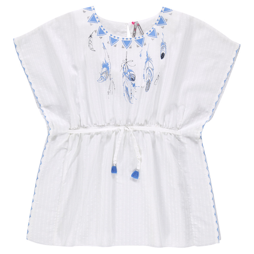 Junior - Tunique poncho en voile print plumes et lien à pompons 