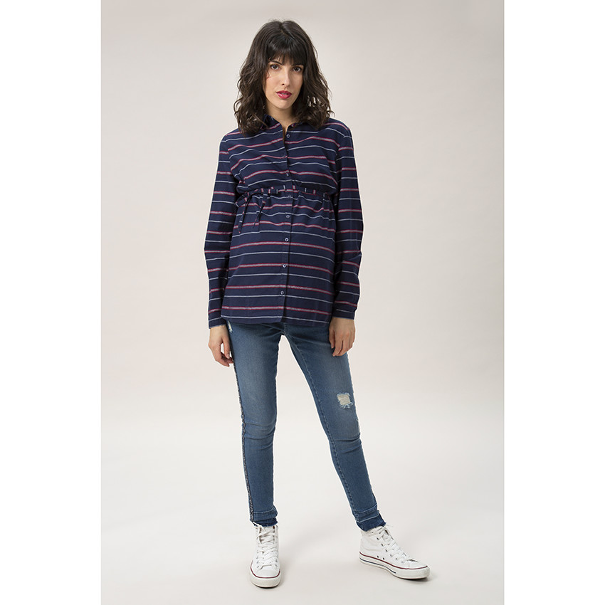 Chemise de grossesse manches longues à rayures et liens à nouer 