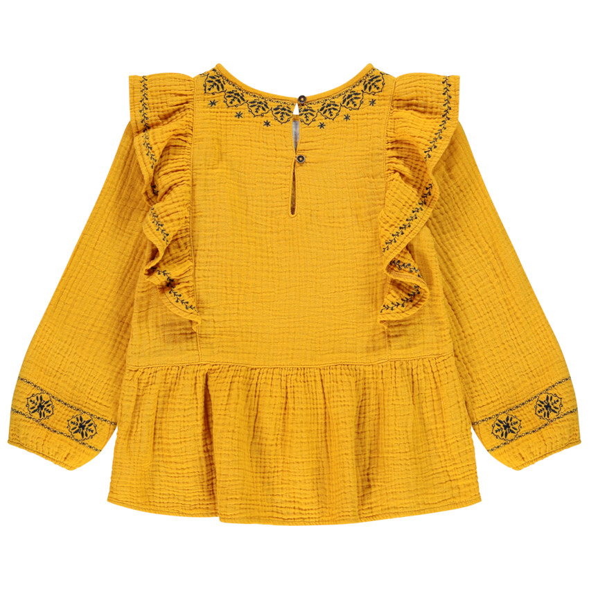 Tunique manches longues jaune en gaze de coton pour enfant fille 