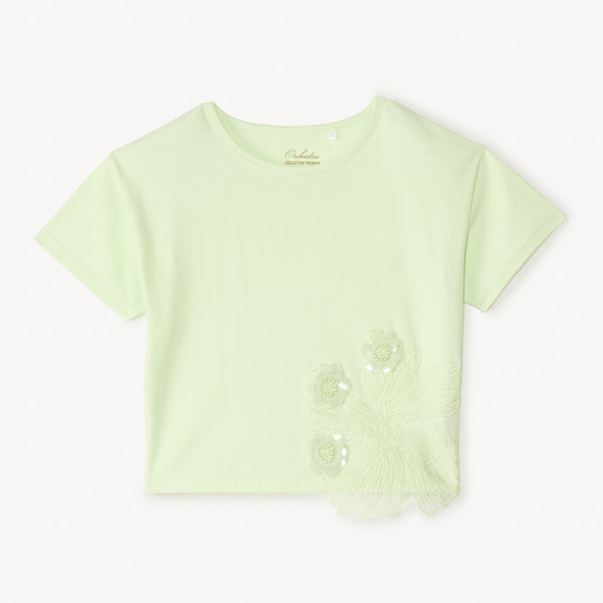 T-shirt manches courtes avec grosses fleurs en sequins pour fille 