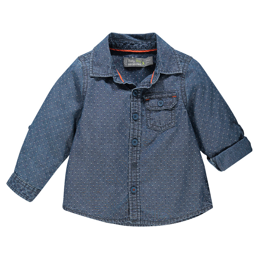 Chemise manches longues à motif jacquard sur chambray et poche 