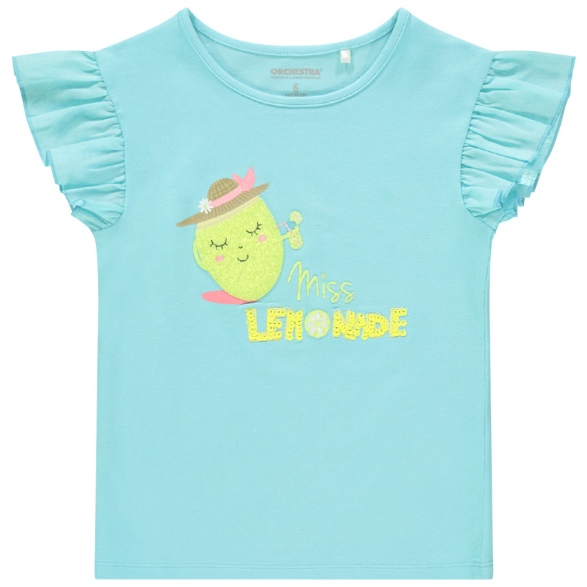 T-shirt manches courtes volantées print citron pailleté pour fille