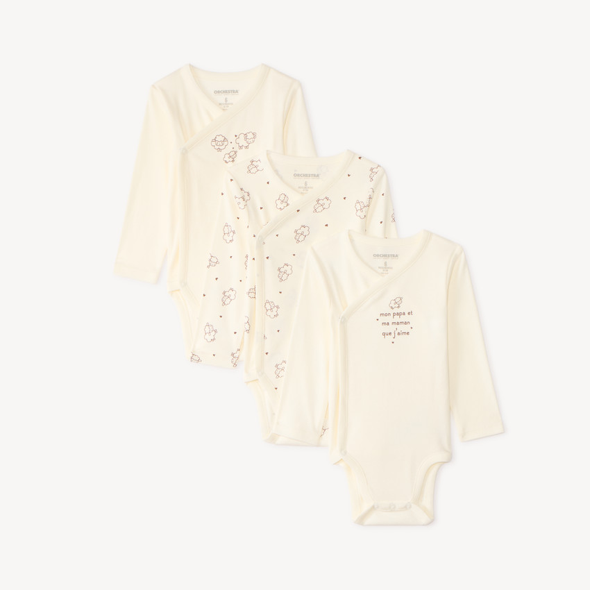 Lot de 3 bodies manches longues bébé à motifs moutons (finitions différentes selon l’âge)