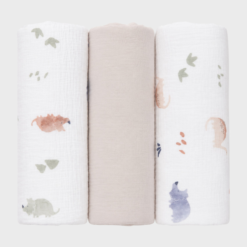 Lot de 3 langes 70x70cm Mousseline de coton bio Dino