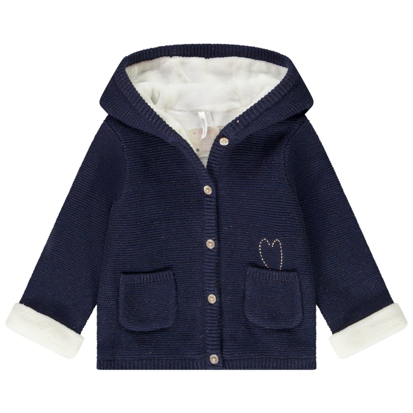 veste à capuche en tricot avec broderie coeur pour bébé fille - bleu