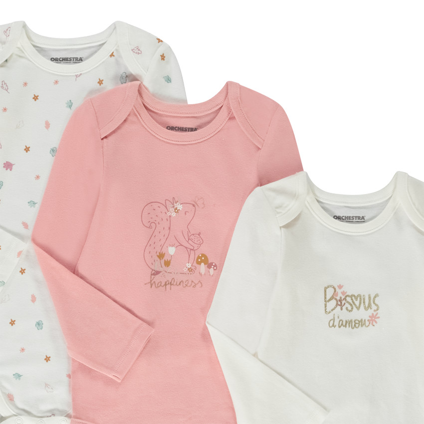 Lot de 7 bodies manches longues forêt pour bébé fille avec ouvertures différentes selon l'âge 