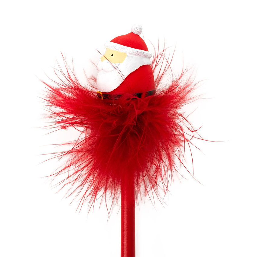 Stylo bille à plumes avec Père Noël lumineux rouge 
