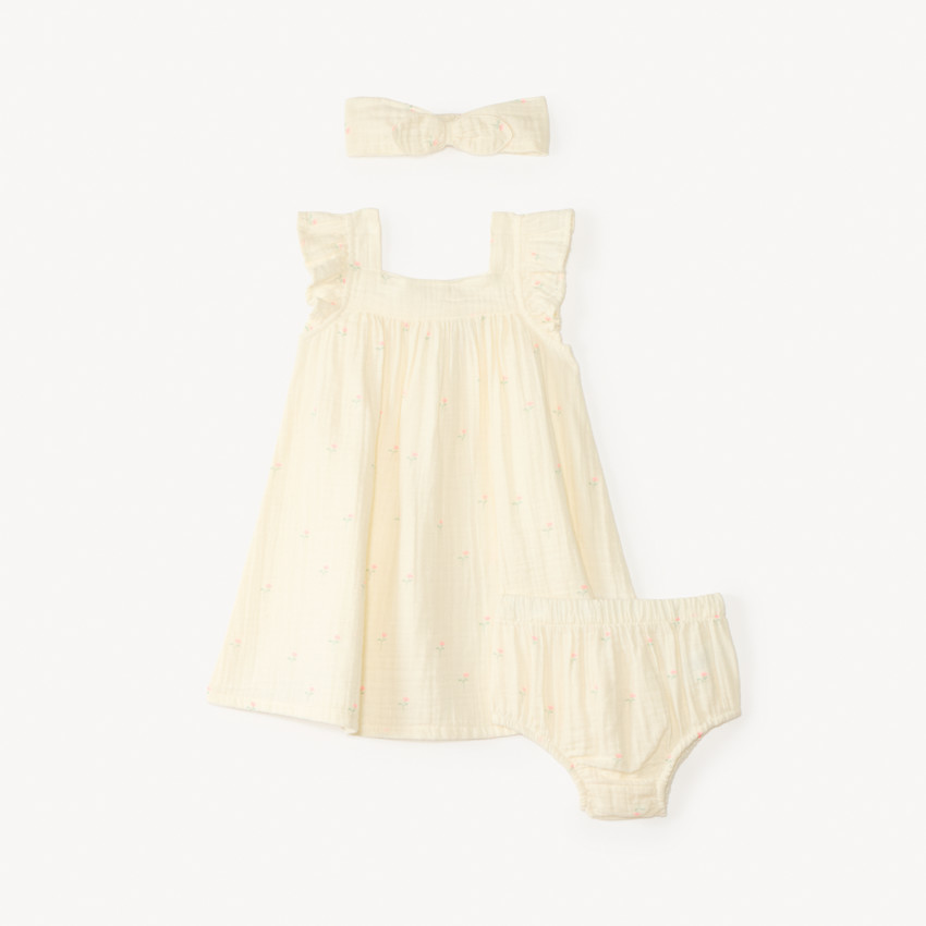 Ensemble 3 pièces robe + bloomers + bandeau en gaze de coton pour bébé fille