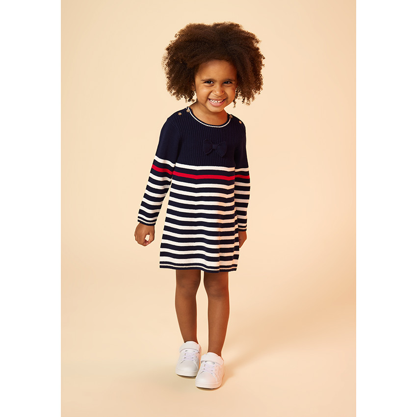 Robe manches longues rayée et boutons fantaisie pour bébé fille
