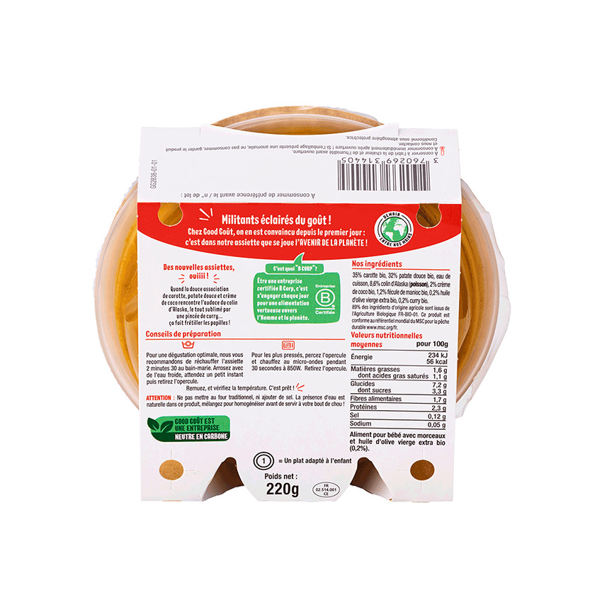 Assiette Fondant de carotte, patate douce, colin d'Alaka 220g 