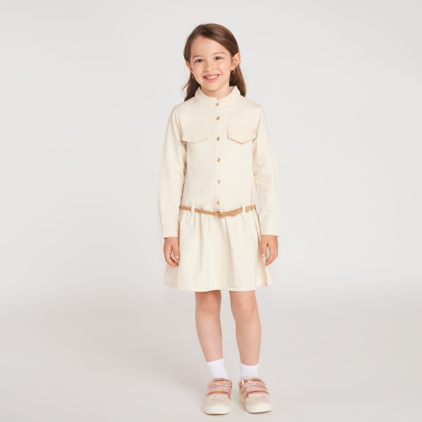 Robe chemise fille manches longues avec ceinture tressée