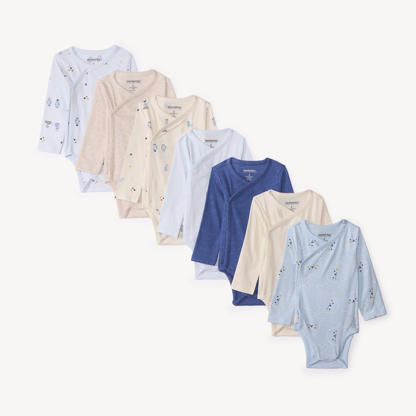 Lot de 7 bodies manches longues fantaisie pour bébé garçon avec ouvertures différentes selon l'âge - Bleu