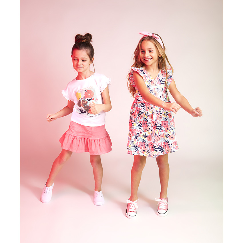 Robe manches courtes en voile de coton imprimé fleuri pour fille 