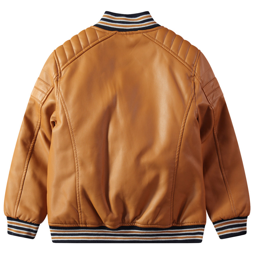 Blouson style motard en simili cuir camel et finitions rayées 