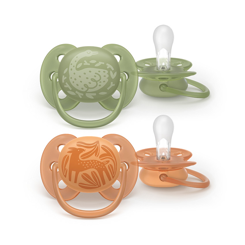 Lot de 2 sucettes silicone 18M+ Ultra Soft décorées