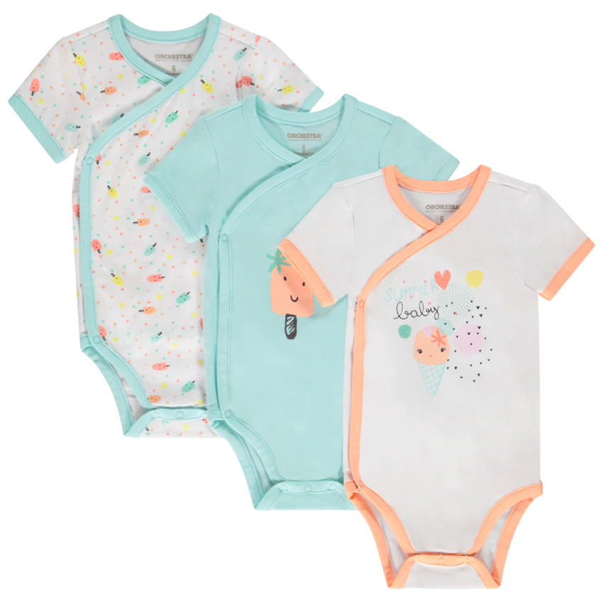 Lot de 3 bodies manches courtes fantaisie pour bébé fille - Ouvertures différentes selon l'âge 