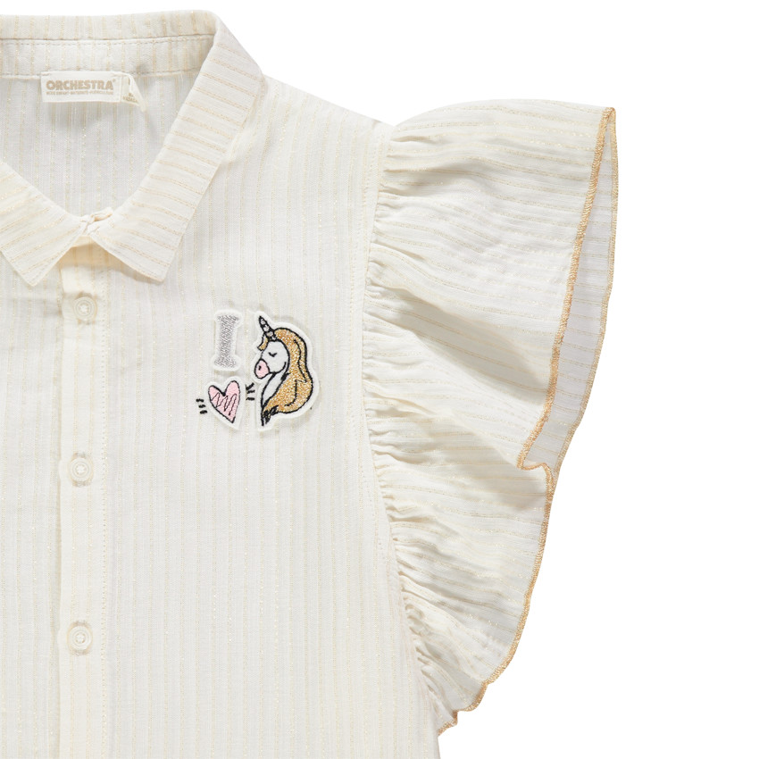 Chemisier rayé à manches volantées et badge licorne  